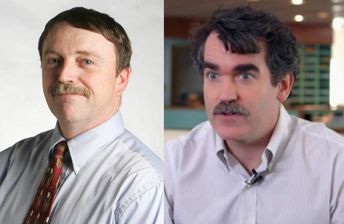 Boston Globe reporter Matt Carroll (L) and actor Brian d'Arcy James Susan Chalifoux/Globe Staff Photo
