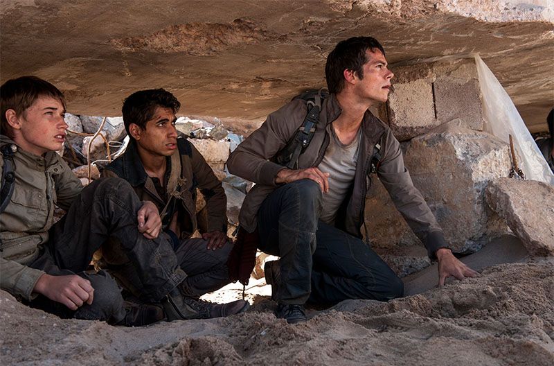 Jacob Lofland, Alex Flores and Dylan O'Brien in "Maze Runner: The Scorch Trials"