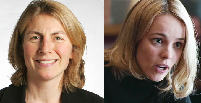 Boston Globe reporter Sacha Pfeiffer (L) and actress Rachel McCadams