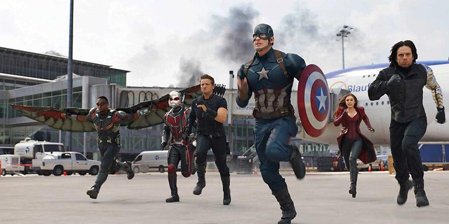 Anthony Mackie, Paul Rudd, Jeremy Renner, Chris Evans, Elizabeth Olsen, and Sebastian Stan in 'Captain America: Civil War'