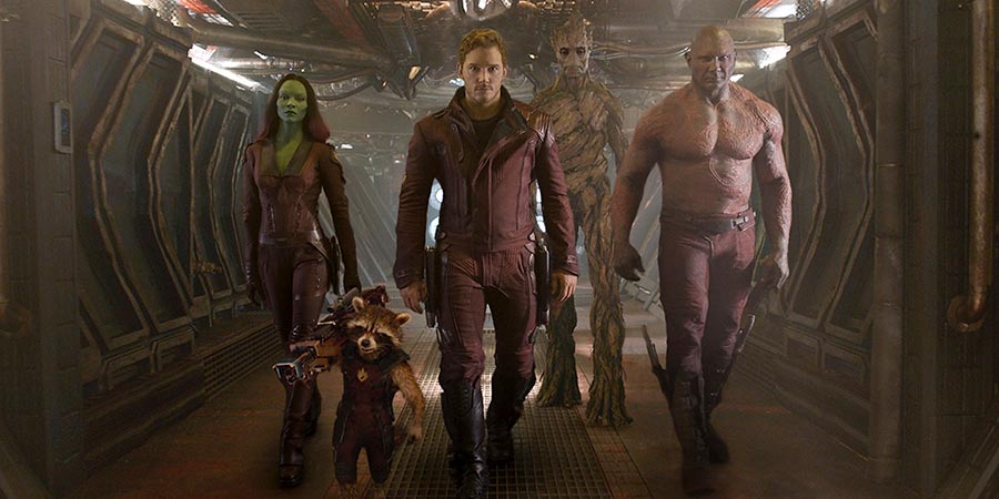 Zoe Saldana, Bradley Cooper, Chris Pratt, Vin Diesel, and Dave Bautista in 'Guardians of the Galaxy'