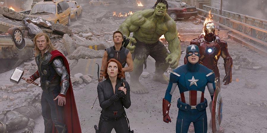 Chris Hemsworth, Scarlett Johansson, Jeremy Renner, Mark Ruffalo, Chris Evans, and Robert Downey Jr. in 'The Avengers'