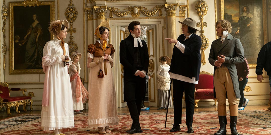 (L to R) Amber Anderson, Tanya Reynolds, Josh O'Connor, writer/director Autumn de Wilde, and Johnny Flynn on the set of 'Emma.'