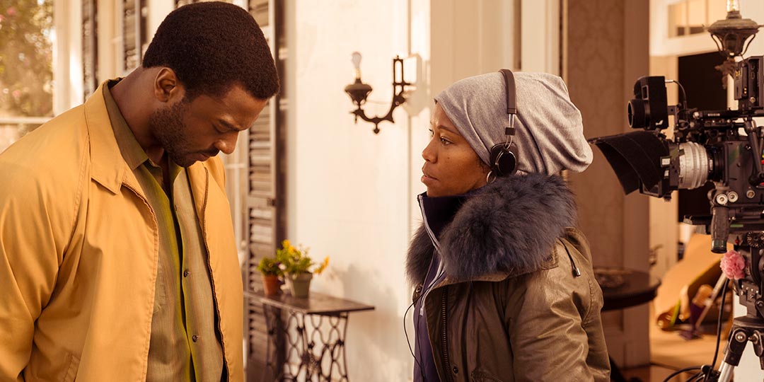 Aldis Hodge and director Regina King on the set of 'One Night in Miami...'