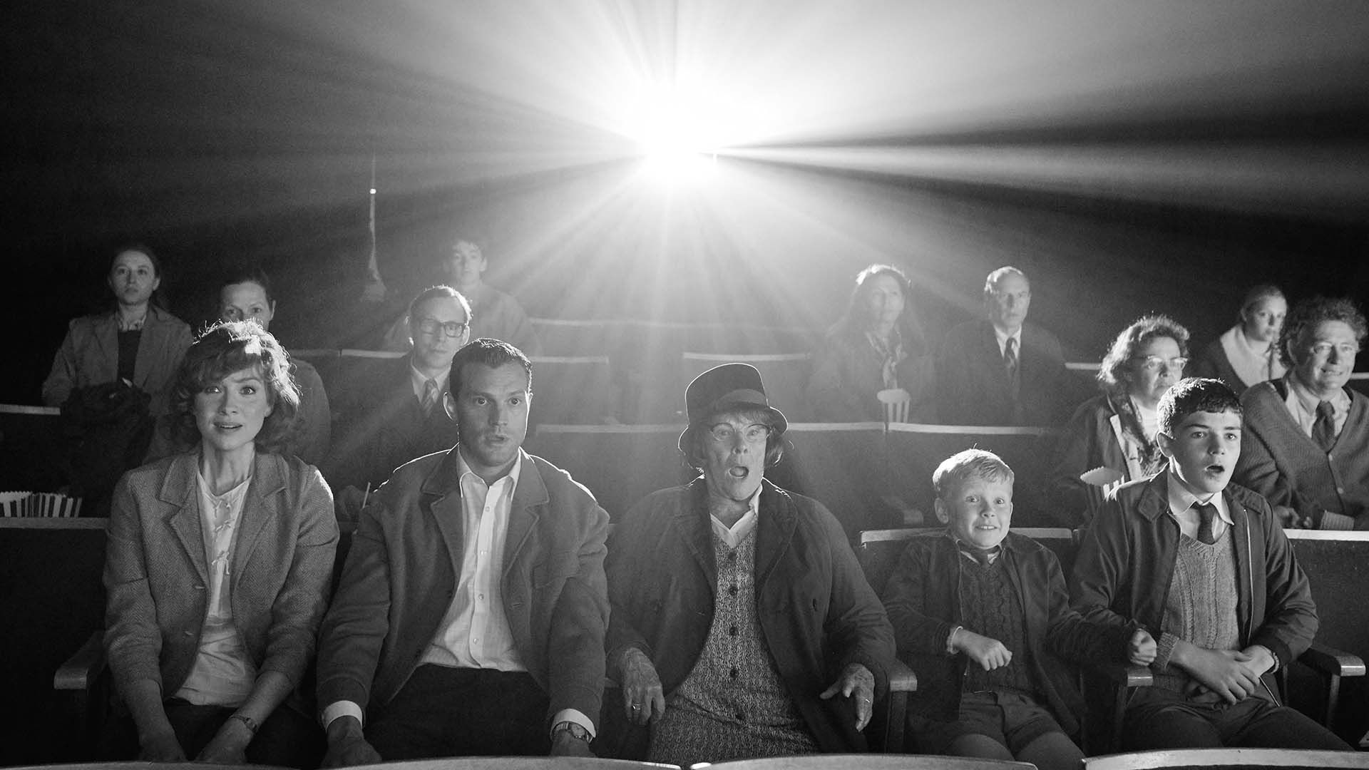 (L to R) Caitriona Balfe, Jamie Dornan, Judi Dench, Jude Hill, and Lewis McAskie in 'Belfast,' directed by Kenneth Branagh