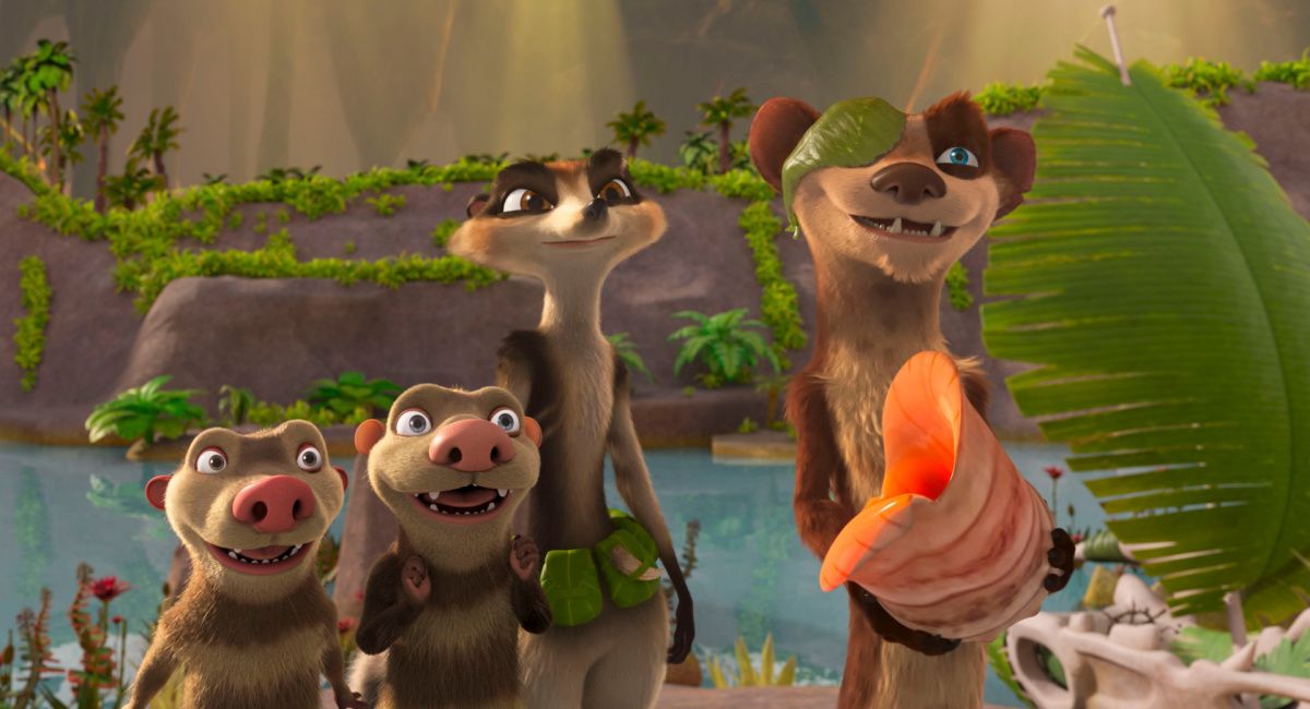 (L to R) Crash (voiced by Vincent Tong), Eddie (voiced by Aaron Harris), Zee (voiced by Justina Machado), and Buck (voiced by Simon Pegg) in 'The Ice Age Adventures of Buck Wild' exclusively on Disney+. Photo courtesy of Disney Enterprises, Inc. © 2022 Disney Enterprises, Inc. All Rights Reserved.