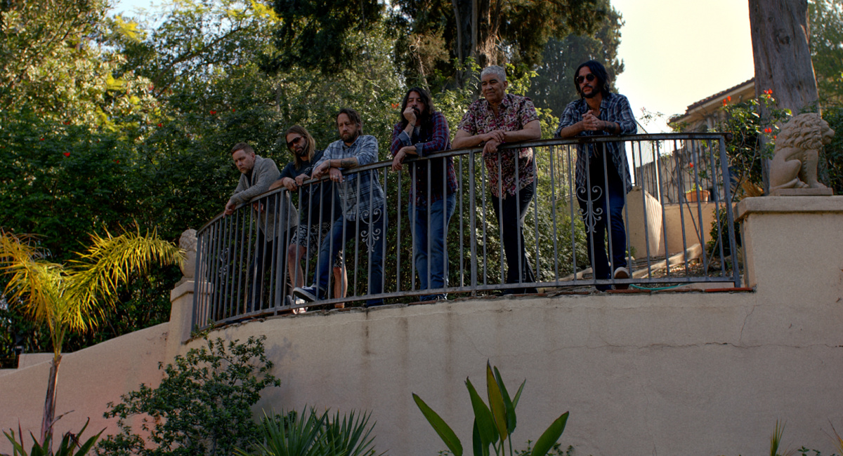 (L to R) Nate Mendel, Taylor Hawkins, Chris Shiflett, Dave Grohl, Pat Smear, and Rami Jaffee in 'Studio 666,' an Open Road Films release. Photo Courtesy of Open Road Films.