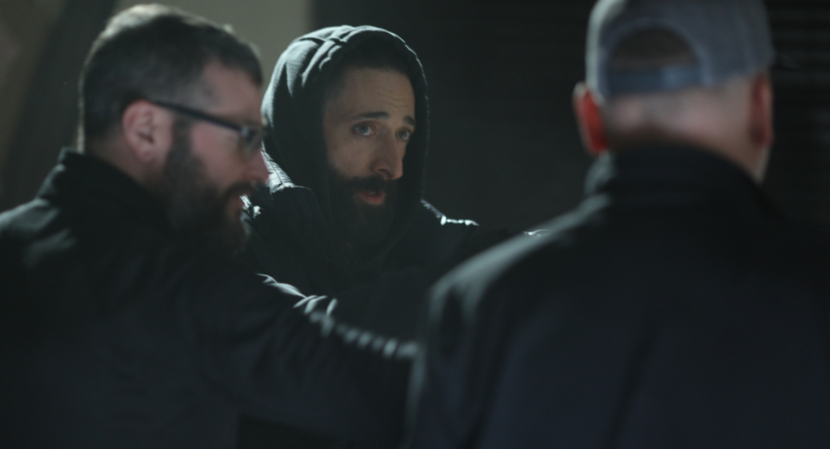(L to R) Director Paul Solet and Adrien Brody on the set of 'Clean'