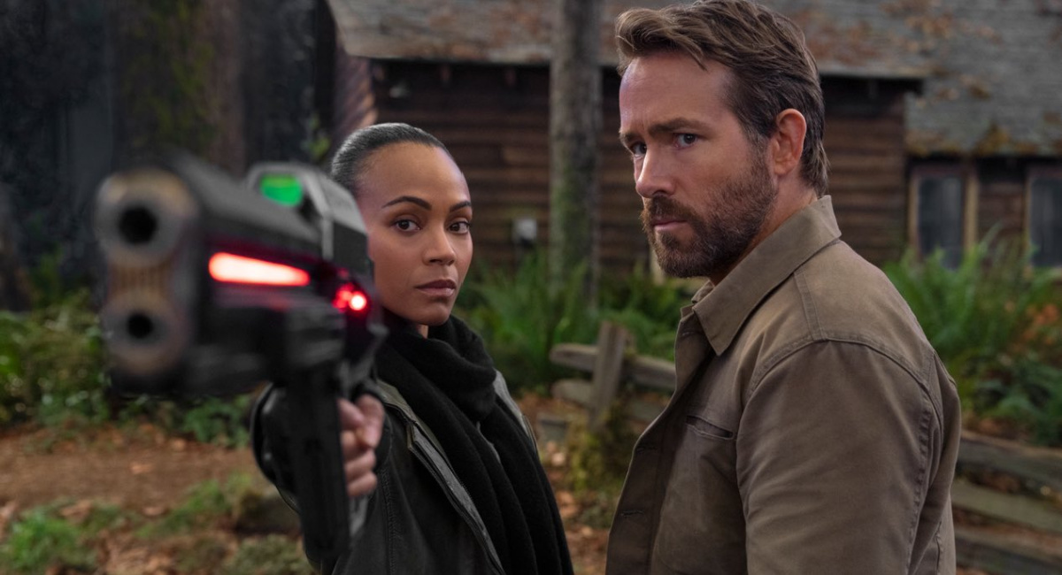 (L to R) Zoe Saldana and Ryan Reynolds in 'The Adam Project.' Photo via Twitter.