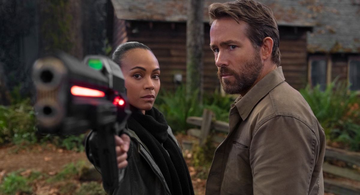 (L to R) Zoe Saldana and Ryan Reynolds in 'The Adam Project.' Photo via Twitter. 