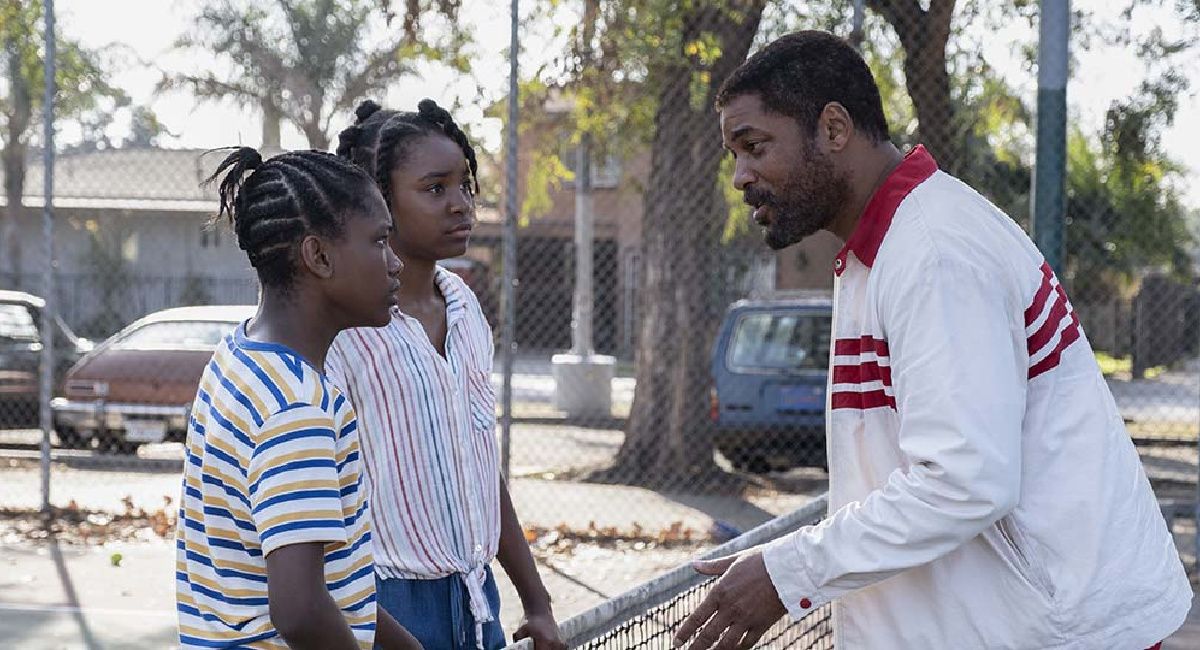 Demi Singleton as Serena Williams, Saniyya Sidney as Venus Williams and Will Smith as Richard Williams in 'King Richard'
