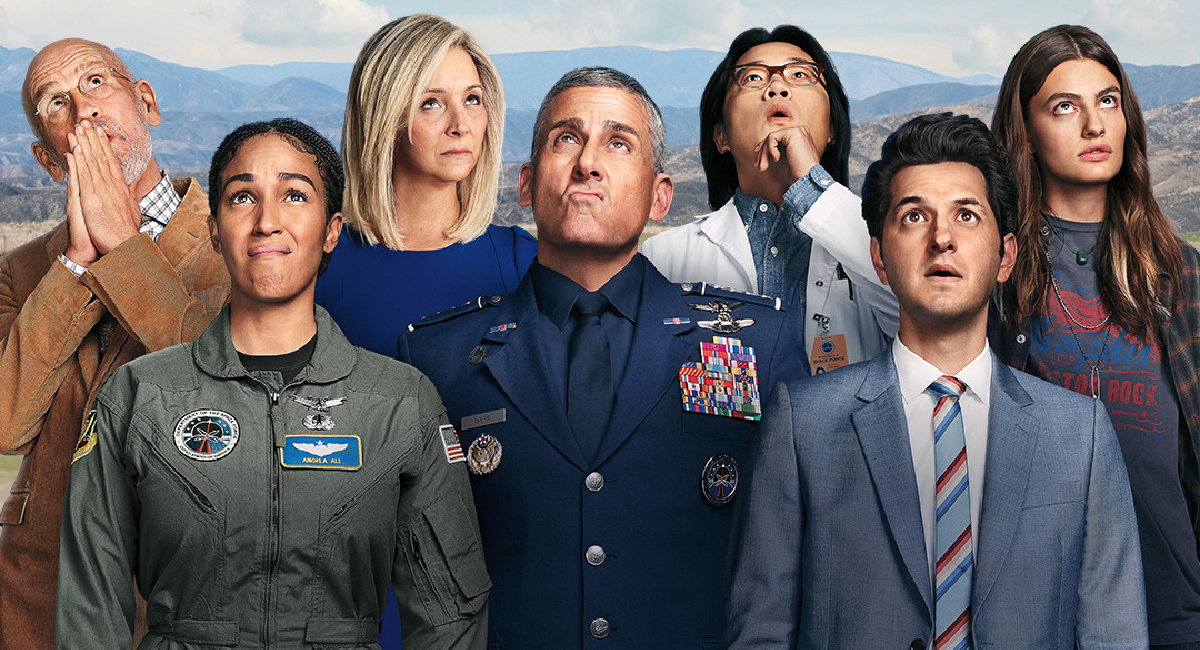 (L to R) John Malkovich, Tawny Newsome, Lisa Kudrow, Steve Carell, Jimmy O. Yang, Ben Schwartz, and Diana Silvers in 'Space Force' Season Two. Photo Courtesy of Netflix.