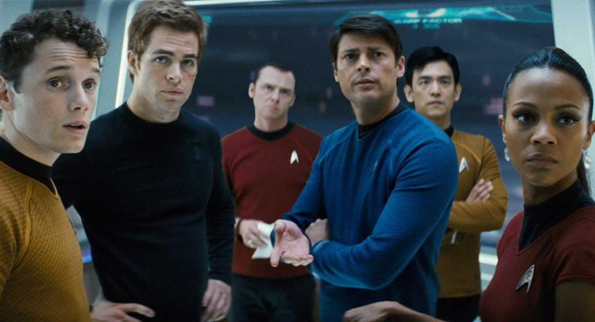 (L to R) Anton Yelchin, Chris Pine, Simon Pegg, Karl Urban, John Cho and Zoe Saldana in 'Star Trek' (2009). Courtesy of Paramount Pictures.