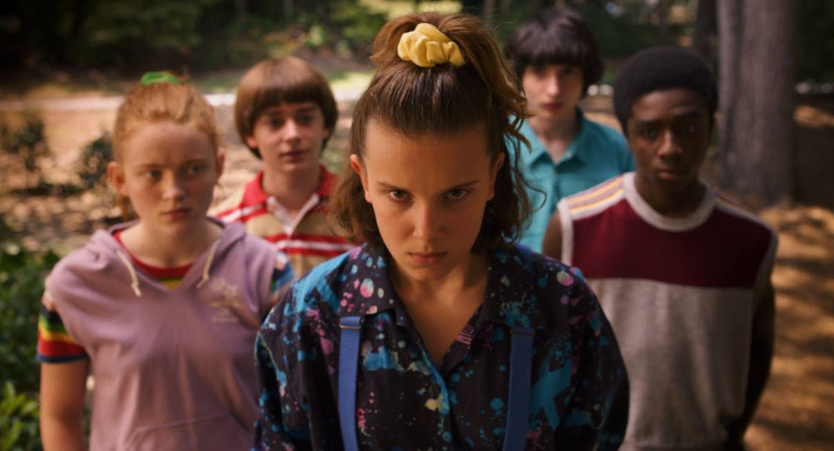 (L to R) Sadie Sink, Noah Schapp, Millie Bobby Brown, Finn Wolfhard, and Caleb McLaughlin in Netflix's 'Stranger Things.'