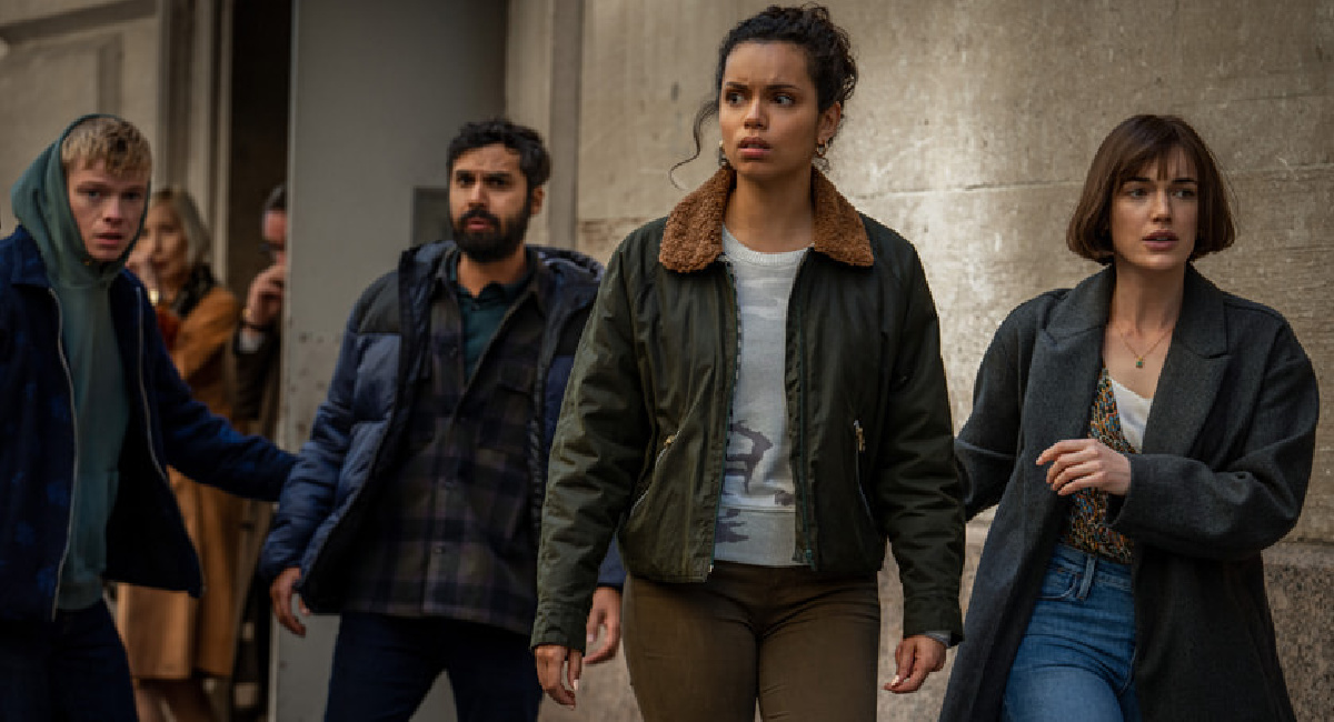 (L to R) Tom Rhys Harries, Kunal Nayyar, Georgina Campbell, and Elizabeth Henstridge in ‘Suspicion,' which premieres on Apple TV+ February 4th.