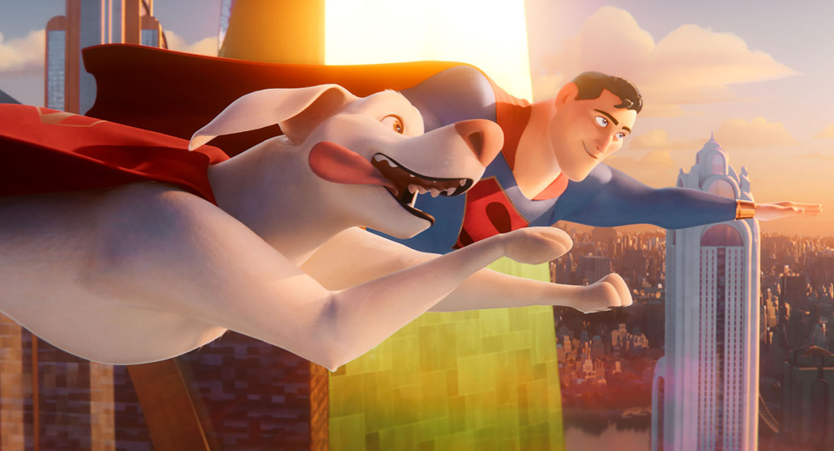 Krypto and Superman flying