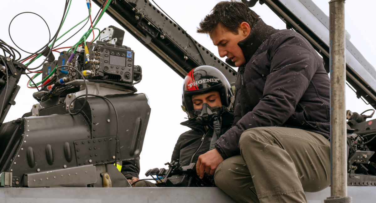 Monica Barbaro and Tom Cruise on the set of 'Top Gun: Maverick'