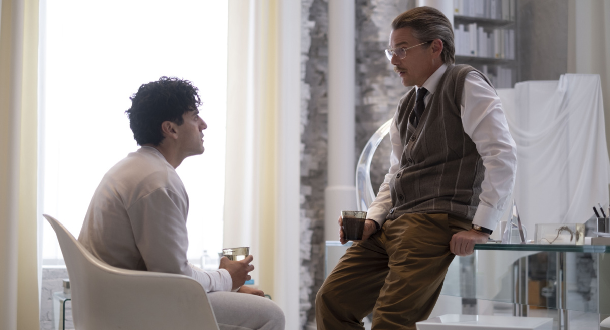 Oscar Isaac as Marc Spector and Ethan Hawke as Arthur Harrow