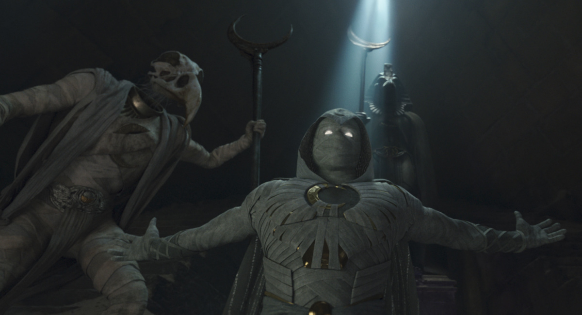 Khonshu (voiced by F. Murray Abraham) and Oscar Isaac as Moon Knight