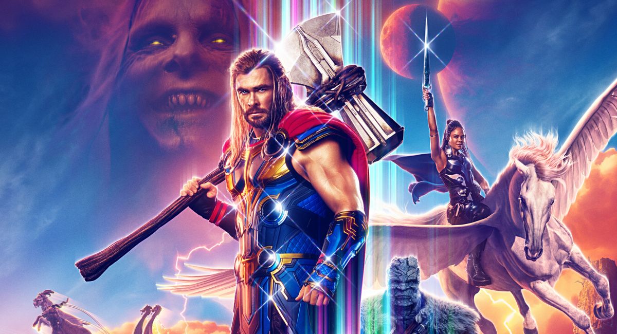 hristian Bale, Chris Hemsworth, Taika Waititi, and Tessa Thompson in Marvel Studios' 'Thor: Love and Thunder.'