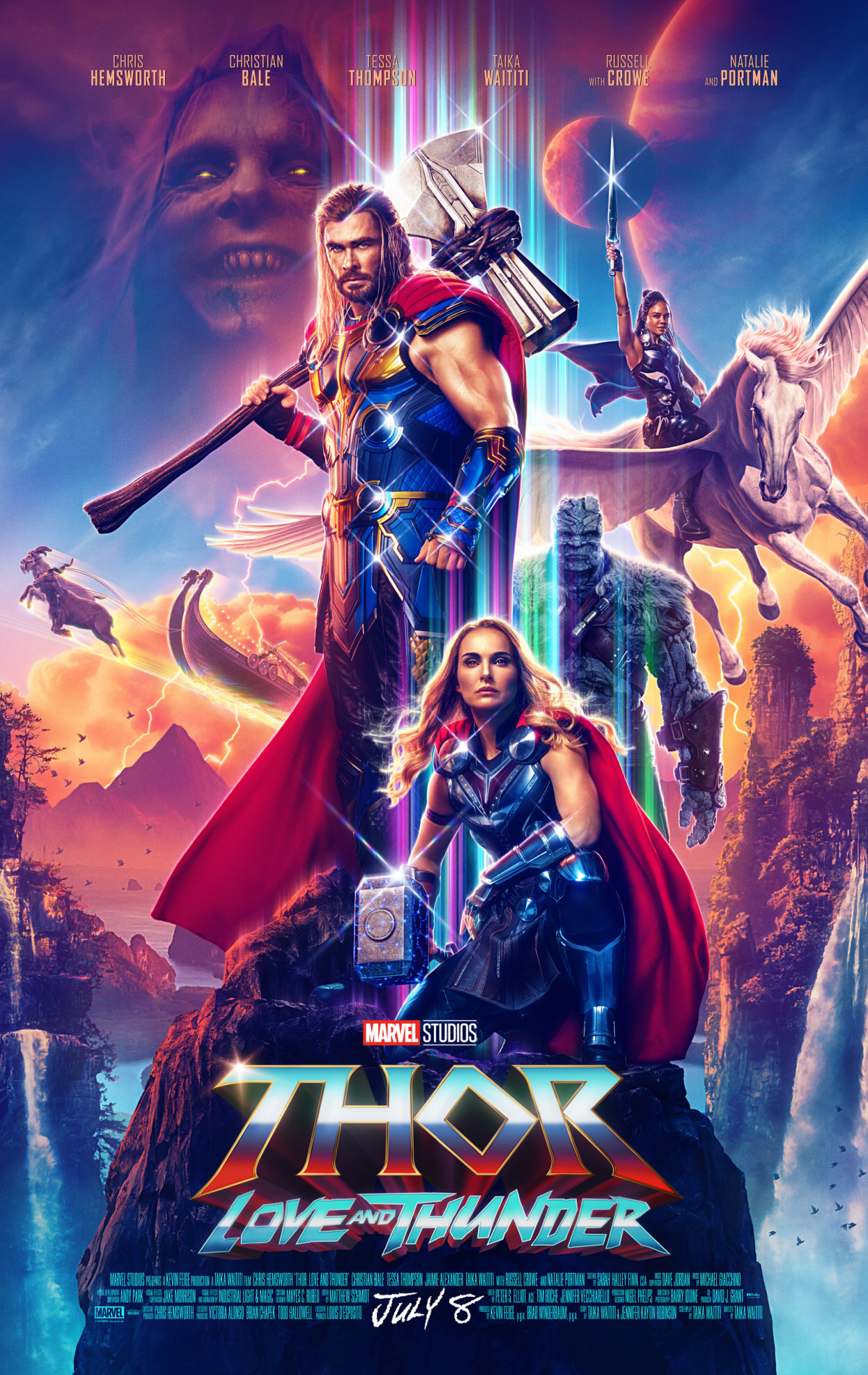 Christian Bale, Chris Hemsworth, Tessa Thompson, Taika Waititi and Natalie Portman in Marvel Studios' 'Thor: Love and Thunder.'