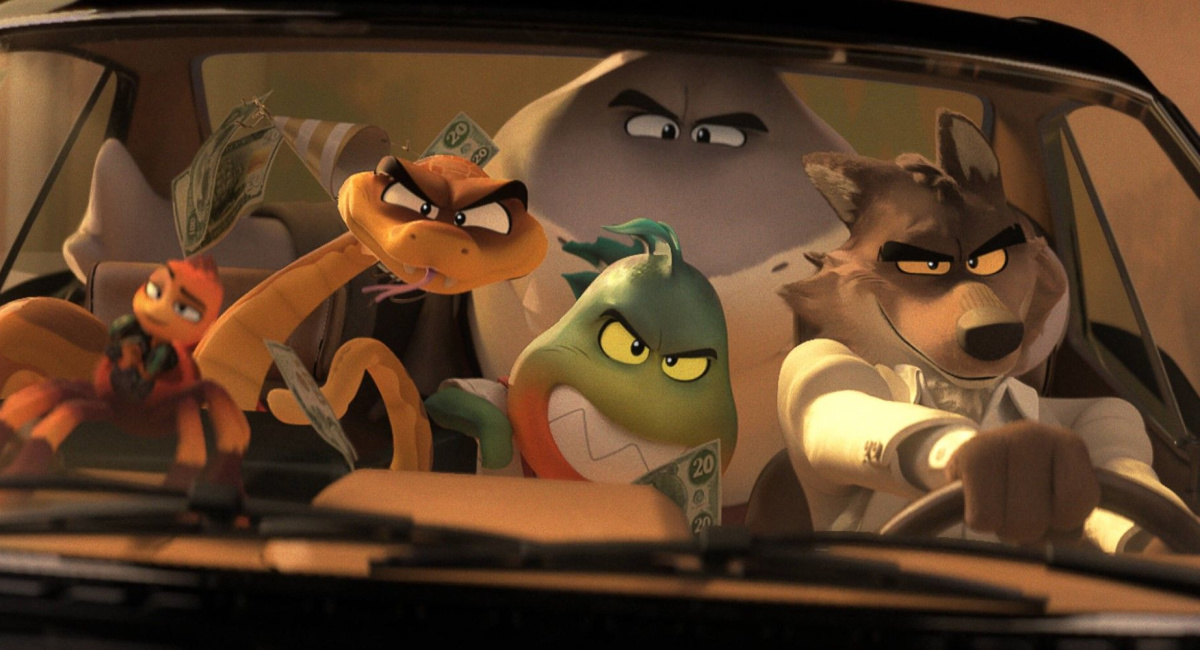 Ms. Tarantula (Awkwafina), Mr. Snake (Marc Maron), Mr. Shark (Craig Robinson), Mr. Piranha (Anthony Ramos) and Mr. Wolf (Sam Rockwell) in DreamWorks Animation’s 'The Bad Guys.'