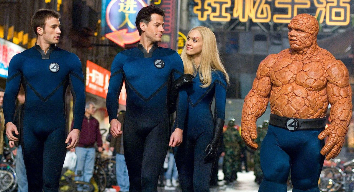 Chris Evans as Johnny Storm, Ioan Gruffudd as Reed Richards, Jessica Alba as Susan Storm, and Michael Chiklis as Ben Grimm in 2005's 'Fantastic Four.'
