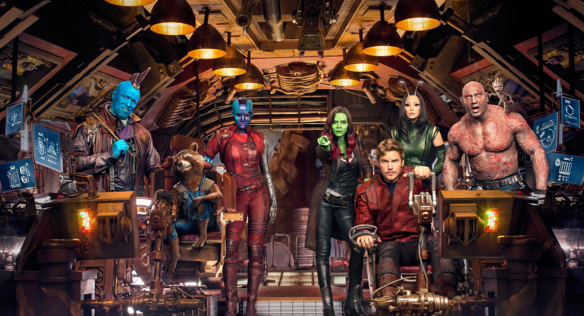 Michael Rooker as Yondu, Rocket, Karen Gillan as Nebula, Zoey Saldana as Gamora, Chris Pratt as Star-Lord, Pom Klementieff as Mantis, and Dave Bautista, Drax the Destroyer and Baby Groot