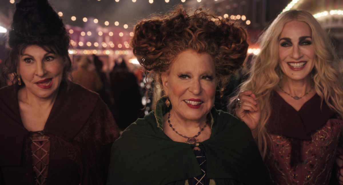 Kathy Najimy as Mary Sanderson, Bette Midler as Winifred Sanderson, and Sarah Jessica Parker as Sarah Sanderson in Disney's live-action 