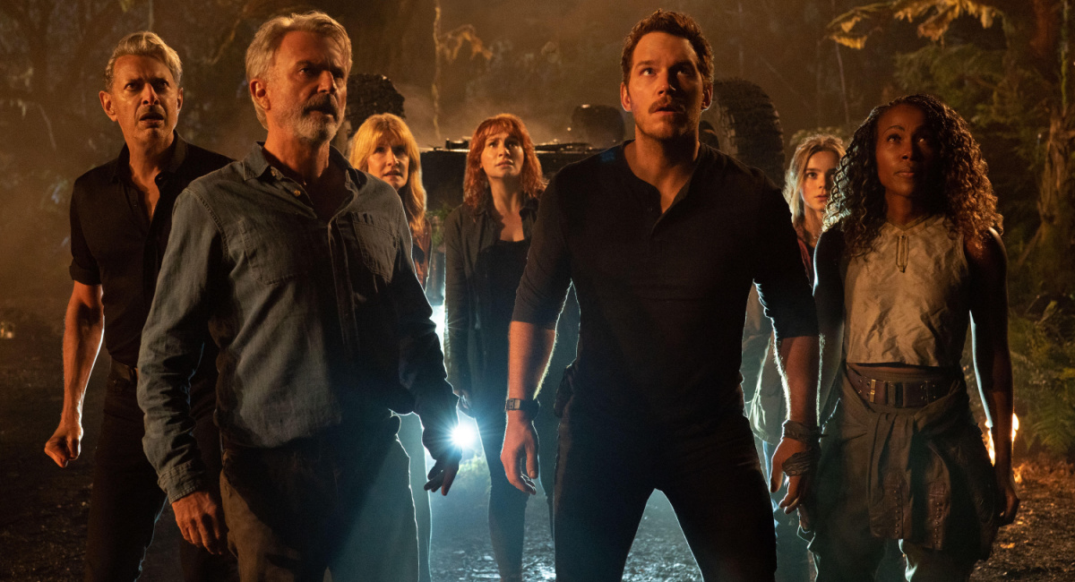 Dr. Ian Malcolm (Jeff Goldblum), Dr. Alan Grant (Sam Neill), Dr. Ellie Sattler (Laura Dern), Claire Dearing (Bryce Dallas Howard), Owen Grady (Chris Pratt), Maisie Lockwood (Isabella Sermon) and Kayla Watts (DeWanda Wise) in 'Jurassic World Dominion.''