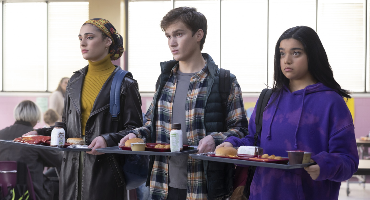 Yasmeen Fletcher as Nakia; Matthew Lintz as Bruno, and Iman Vellani as Ms. Marvel/Kamala Khan in Marvel Studios' 'Ms. Marvel.'