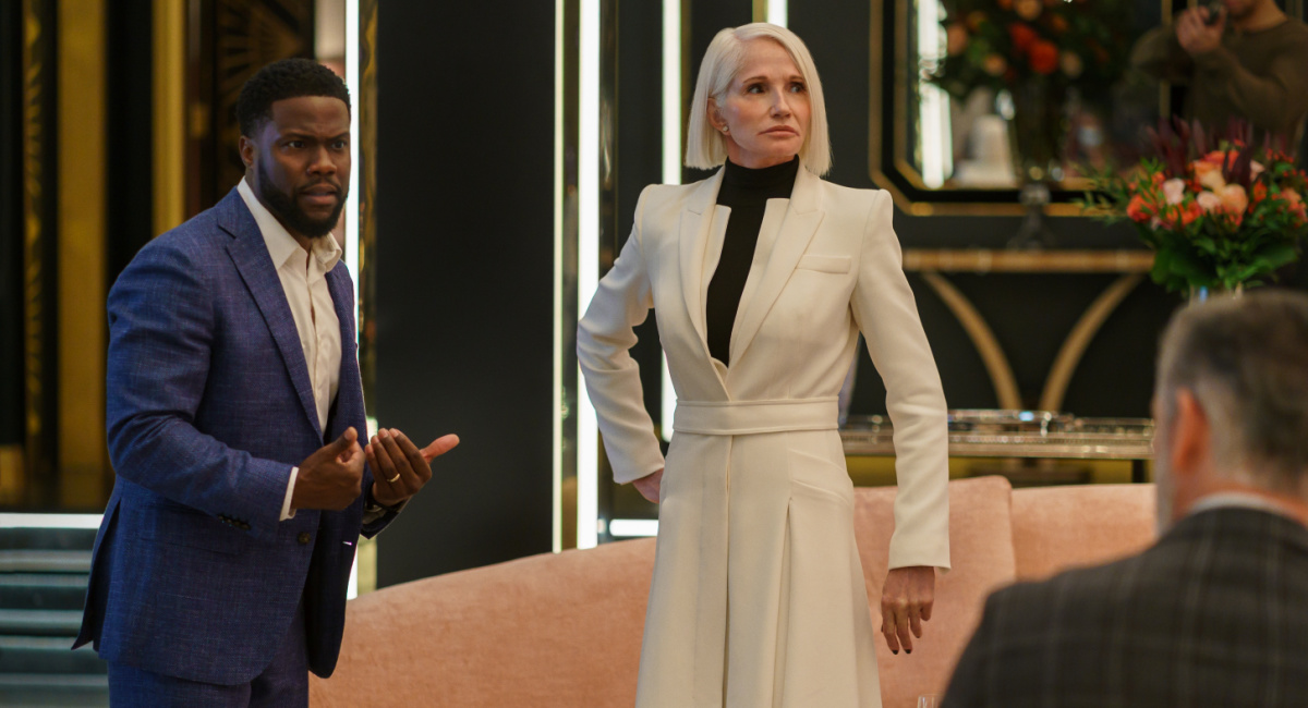 Kevin Hart as Teddy, Ellen Barkin as The Handler and Alejandro De Hoyos as Colonel Marin in 'The Man From Toronto.'