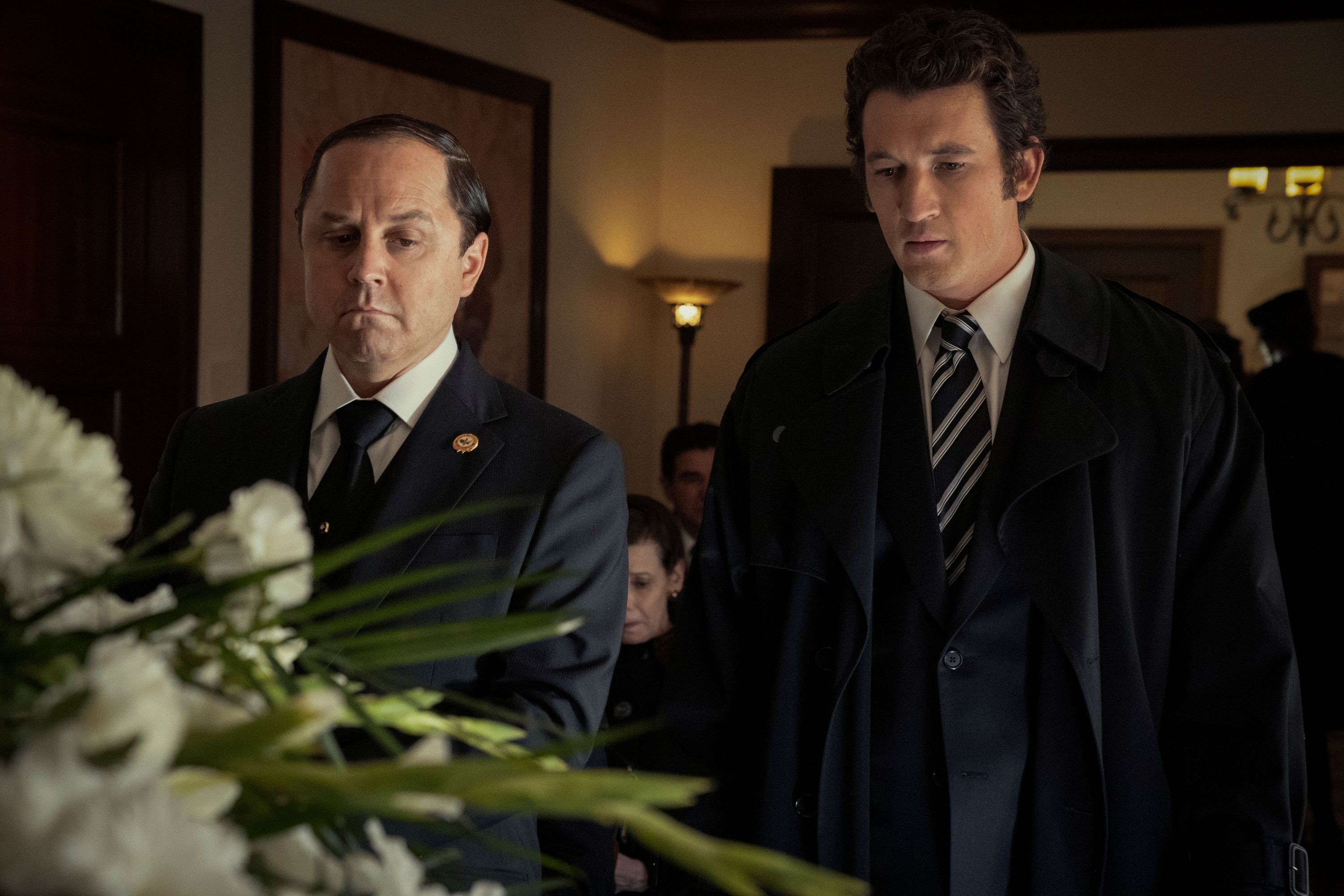 Miles Teller as Al Ruddy and Giovanni Ribisi as Joe Colombo of the Paramount+ original series 'The Offer.'