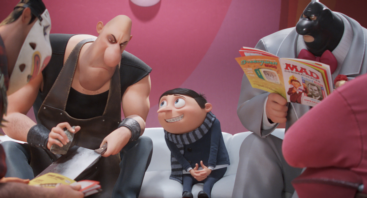 12-year-old Gru (Steve Carell) chats up the competition as he awaits his interview to become a member of the supervillain supergroup the Vicious 6, in Illumination’s 'Minions: The Rise of Gru.'