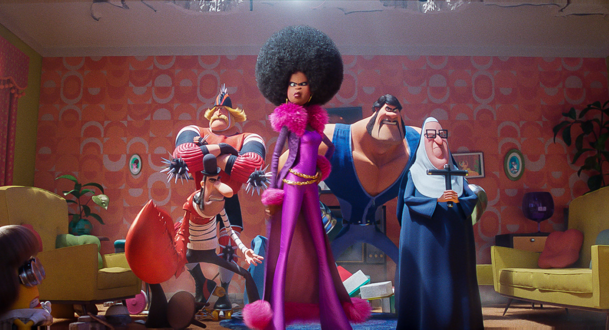The Vicious 6 —(from lower left) Jean Clawed (Jean-Claude Van Damme), Svengeance (Dolph Lundgren), Belle Bottom (Taraji P. Henson), Stronghold (Danny Trejo), Nunchuck (Lucy Lawless)—address the Minions (foreground, backs to camera) in Illumination’s 'Minions: The Rise of Gru,' directed by Kyle Balda.