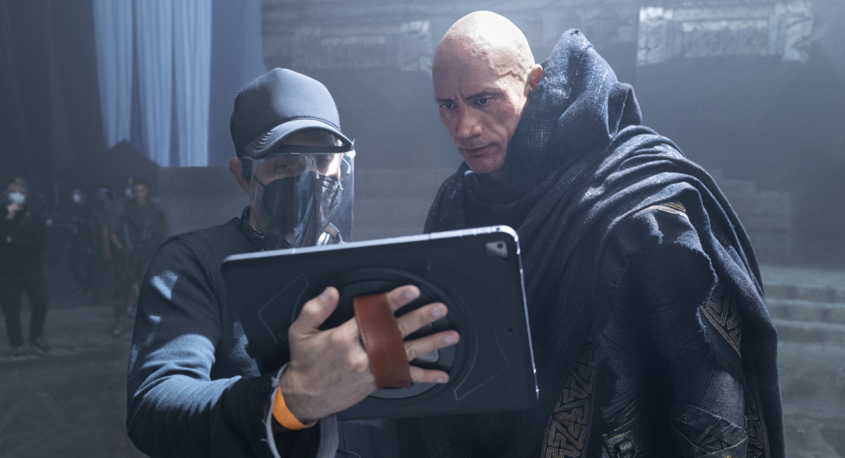 Director Jaume Collet-Serra and Dwayne Johnson on the set of New Line Cinema’s action adventure 'Black Adam,' a Warner Bros.