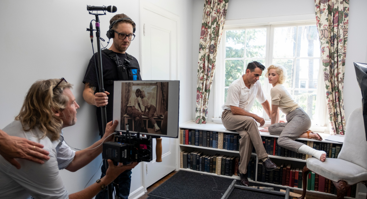 Writer and director Andrew Dominik, Bobby Cannavale as Joe DiMaggio, and Ana de Armas as Norma Jeane Mortensen / Marilyn Monroe on the set of Netflix's 'Blonde.'