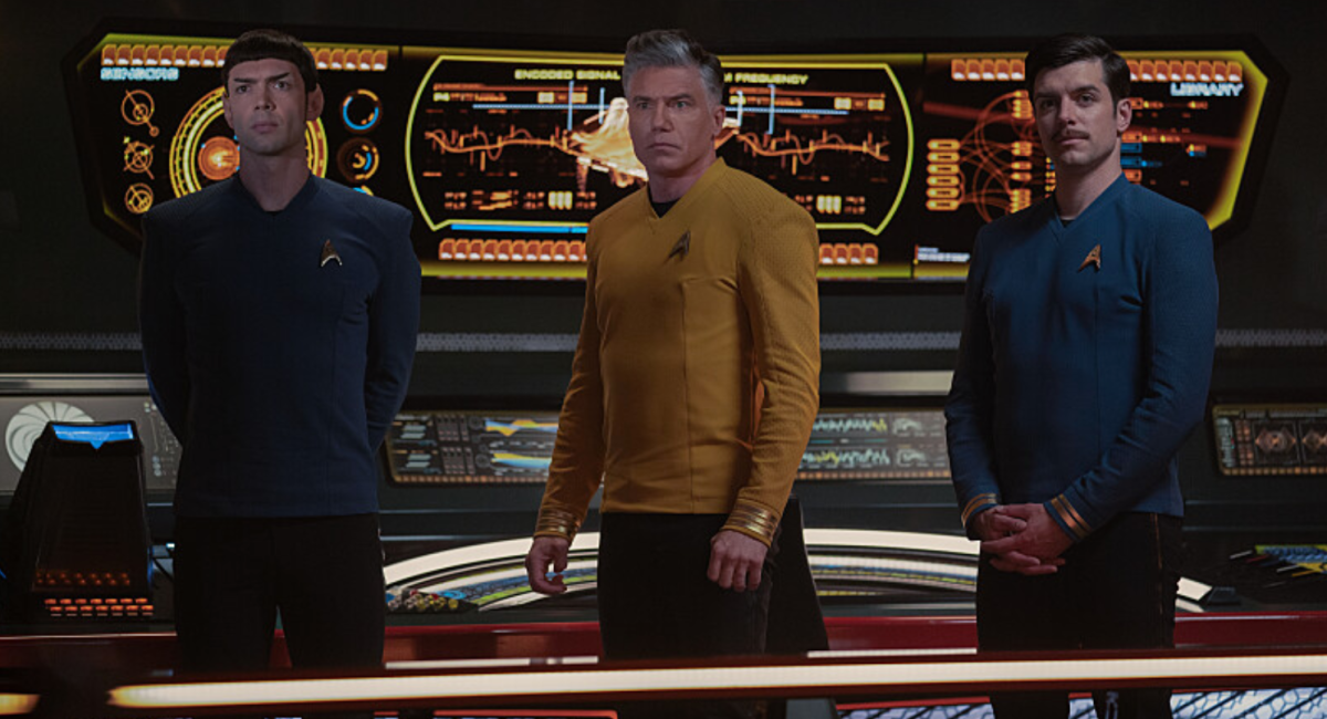 (L TO R) Ethan Peck as Spock, Anson Mount as Pike, and Dan Jeannotte as Samuel Kirk of the Paramount+ original series 'Star Trek: Strange New Worlds.'