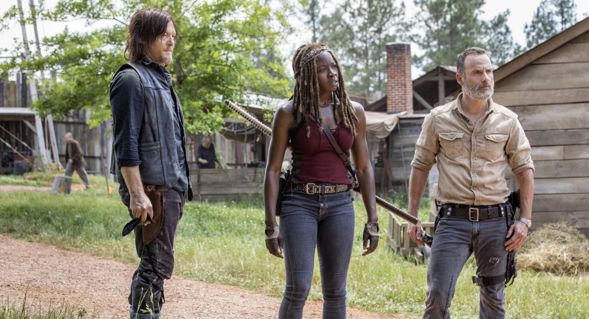 Norman Reedus as Daryl Dixon, Andrew Lincoln as Rick Grimes, and Danai Gurira as Michonne in AMC's 'The Walking Dead.'