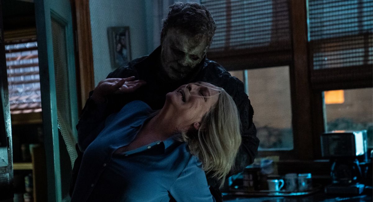 Michael Myers (aka The Shape) and Jamie Lee Curtis as Laurie Strode in 'Halloween Ends,' directed by David Gordon Green.