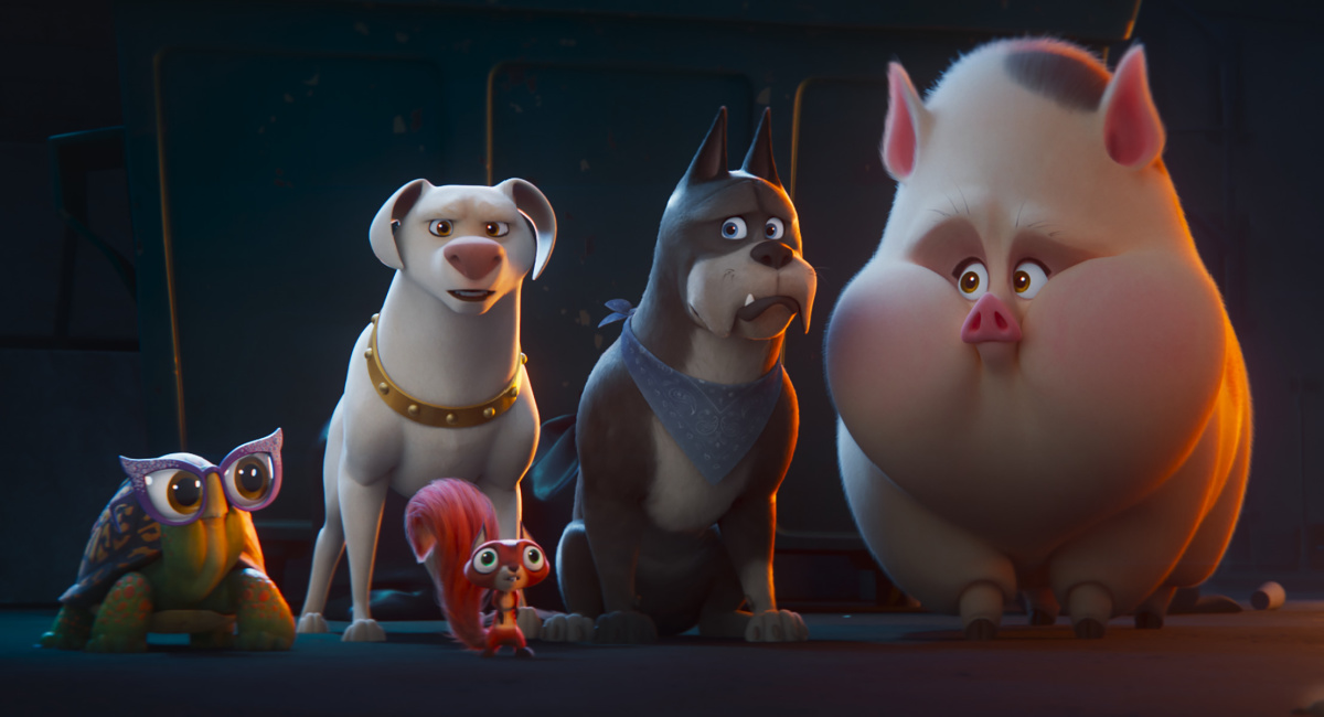 Natasha Lyone as Merton, Dwayne Johnson as Krypto, Diego Luna as Chip, Kevin Hart as Ace and Vanessa Bayer as PB in Warner Bros. Pictures’ animated action adventure 'DC League of Super-Pets,' a Warner Bros. Pictures release.
