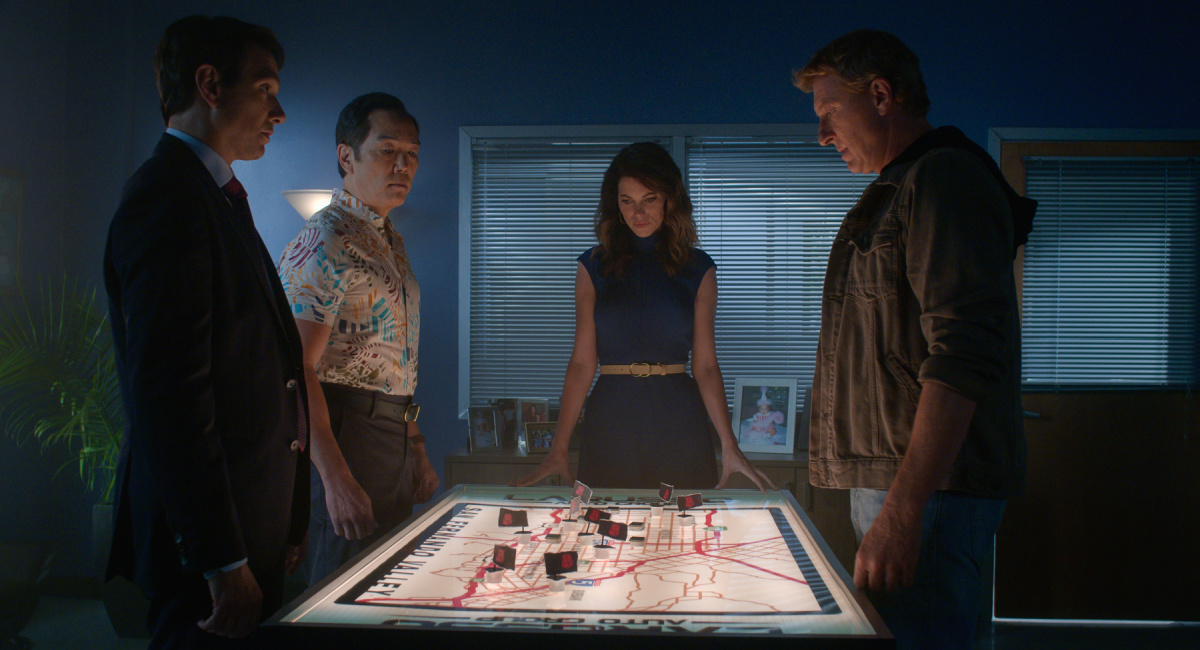 Ralph Macchio as Daniel LaRusso, Yuji Okumoto as Chozen Toguchi, Courtney Henggeler as Amanda LaRusso, William Zabka as Johnny Lawrence in 'Cobra Kai.'