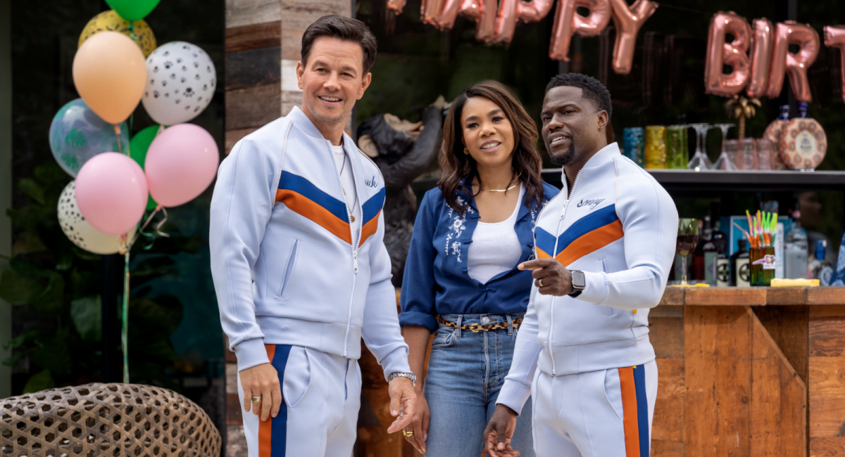 Mark Wahlberg as Huck, Regina Hall as Maya, Kevin Hart as Sonny in 'Me Time.'