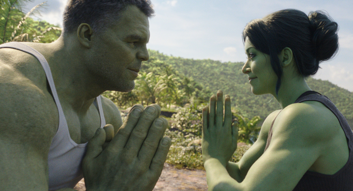 Mark Ruffalo as Smart Hulk / Bruce Banner and Tatiana Maslany as Jennifer "Jen" Walters/She-Hulk in Marvel Studios' 'She-Hulk: Attorney at Law.'