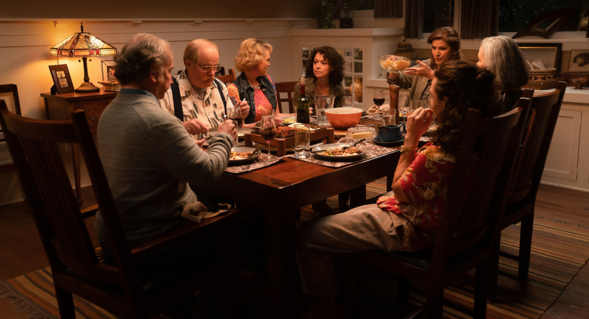 Mark Linn-Baker as Morris Walters, Michael H. Cole as Uncle Tucker, Candice Rose as Melanie, Tatiana Maslany as She-Hulk/Jennifer “Jen” Walters, Tess Malis Kincaid as Elaine Walters, Nicholas Cirillo as Cousin Ched, and Elizabeth Becka as Aunt Rebecca Walters in Marvel Studios' 'She-Hulk: Attorney At Law.'