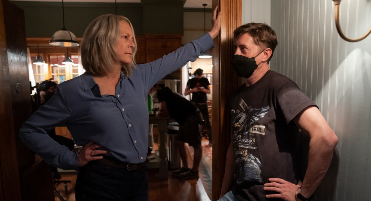 Jamie Lee Curtis as Laurie Strode, and director David Gordon Green on the set of 'Halloween Ends.'