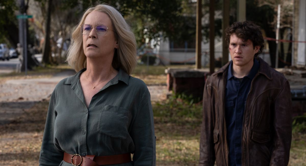 Jamie Lee Curtis as Laurie Strode, and Rohan Campbell as Corey Cunningham in director David Gordon Green's 'Halloween Ends.' Curtis as Laurie Strode, and Rohan Campbell as Corey Cunningham in David Gordon Green's 'Halloween Ends.'