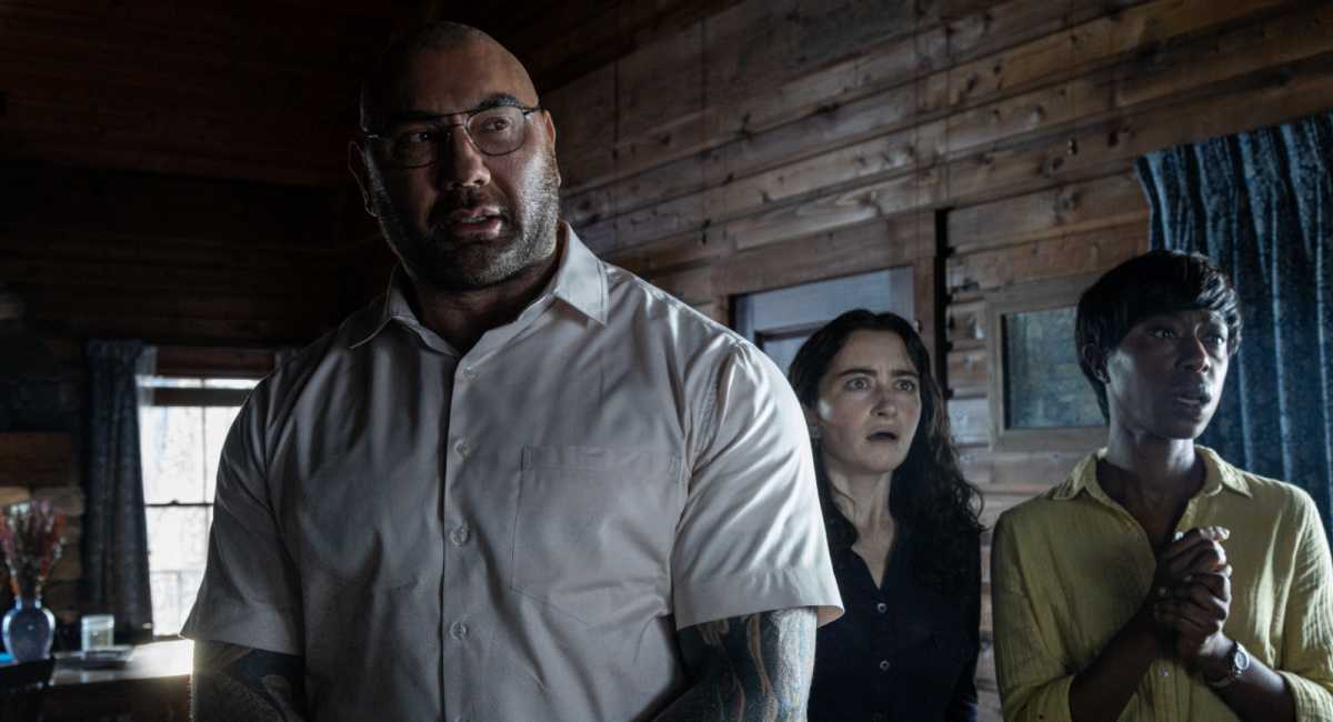 'Knock at the Cabin' featuring Dave Bautista, Abby Quinn and Nikki Amuka-Bird, m.  Directed and co-written by Night Shyamalan.