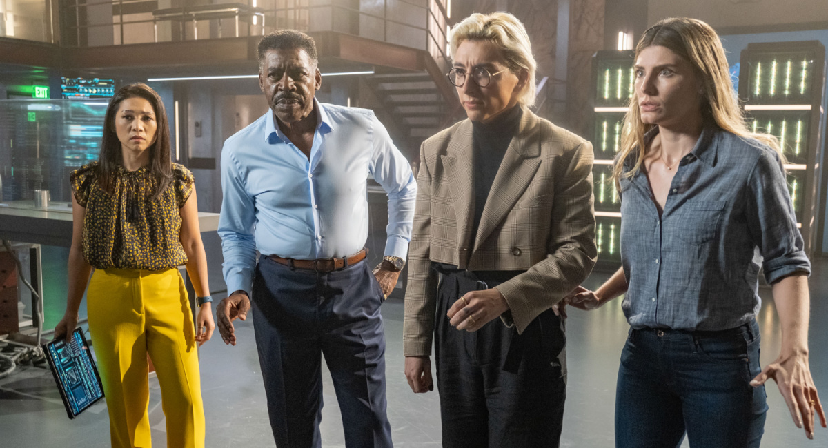 Nanrisa Lee as Jen, Ernie Hudson as Herbert "Magic" Williams, Mason Alexander Park as Ian Wright, and Caitlin Bassett as Addison Augustine in NBC's 'Quantum Leap.'