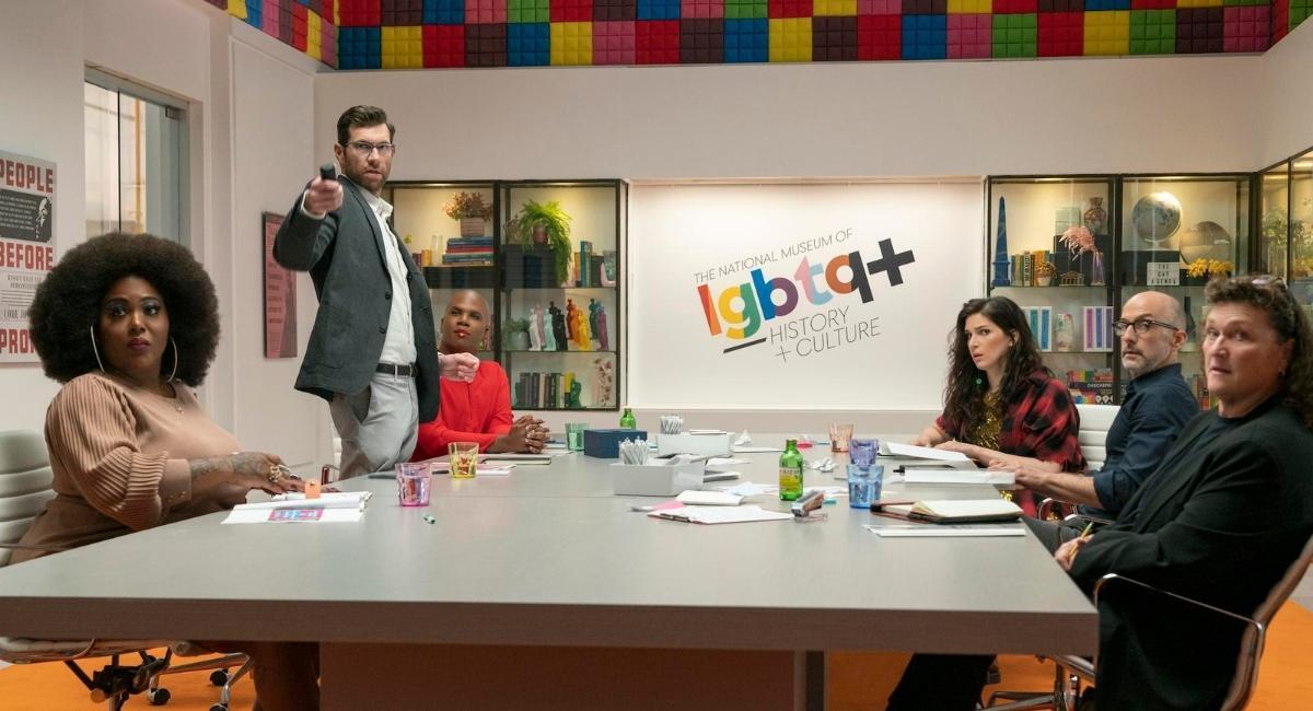 Angela (Ts Madison), Bobby (Billy Eichner), Wanda (Miss Lawrence), Tamara (Eve Lindley), Robert (Jim Rash) and Cherry (Dot-Marie Jones) in 'Bros,' co-written, produced and directed by Nicholas Stoller.